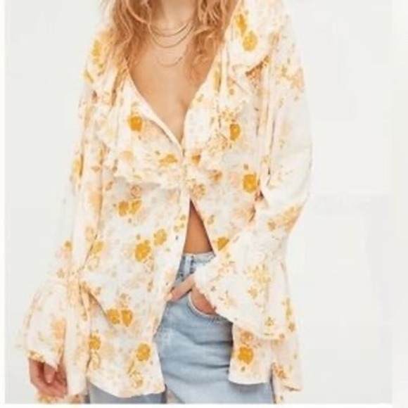 Free People Loretta Tunic Top Oversized Ruffle Tea Combo Floral Boho Chic Medium - Picture 2 of 14